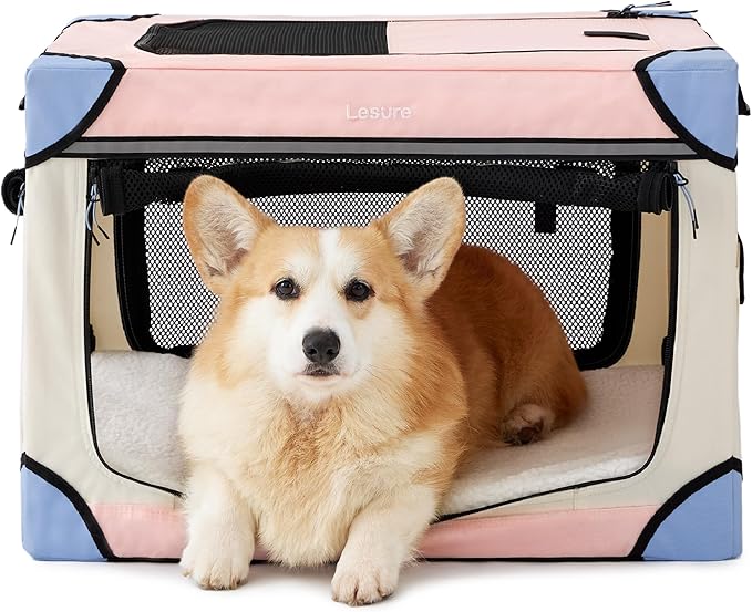 Lesure Soft Collapsible Dog Crate - 26 Inch Portable Travel Crate for Small Dogs Indoor & Outdoor, 4-Door Foldable Pet Kennel with Durable Mesh Windows, Pink