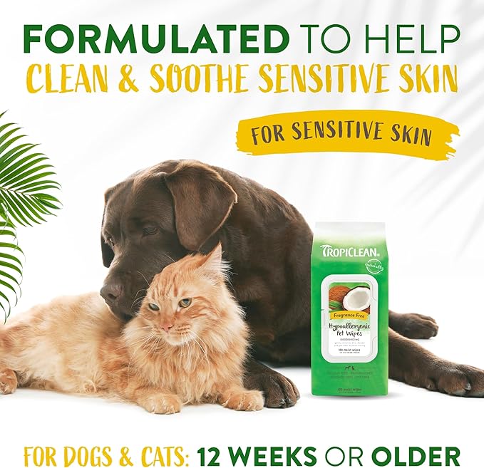 TropiClean Hypoallergenic Dog Wipes for Paws, Butt, Face and Body, Safe for Puppy, Puppy Essentials, Cleaning Deodorizing, Unscented, Cat Safe, 100ct