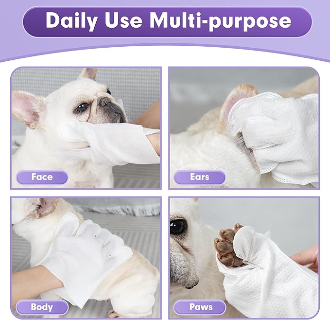 cyeollo Pet Cleaning Wipes for Dogs Fur & Butt, Dog Dry Grooming Bath Glove Wipes for Deodorizing, Lick Safe Cats Cleaning Wipes, Wash Free, 6PCS