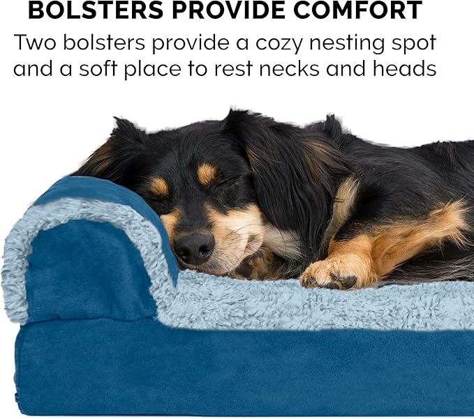 Furhaven Orthopedic Dog Bed for Large Dogs w/ Removable Bolsters & Washable Cover, For Dogs Up to 95 lbs - Two-Tone Plush Faux Fur & Suede L Shaped Chaise - Marine Blue, Jumbo/XL
