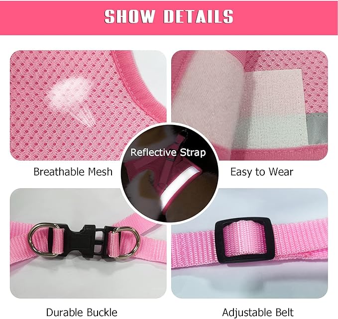 FEimaX Dog Harness and Leash Set for Walking, Soft Mesh Adjustable Easy Control Lightweight Cat Vest Harnesses with Reflective Strips, Escape Proof Small Dogs Cats Vests (Pink, Medium)