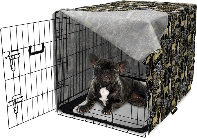 Ambesonne Christmas Dog Crate Cover, Nature Woodland and Deer Silhouettes with Oriental Ornaments Design, Easy to Use Pet Kennel Cover for Cats & Medium Dogs, 30 Inch, Yellow White Black