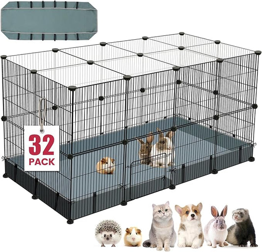 32 Panels Small Animal Playpen,Pet Playpen with Waterproof Mat,C&C Cage for Guinea Pigs, Play Pen for Rabbit and Chicken,Bunny Pen