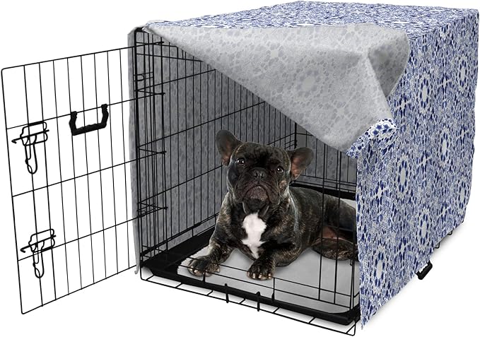 Lunarable Traditional Dog Crate Cover, Circular Flowers and Stripes Russian Gzhel Pattern Classic Motifs, Easy to Use Pet Kennel Cover for Cats & Medium Dogs, 24 Inch, Pale Blue