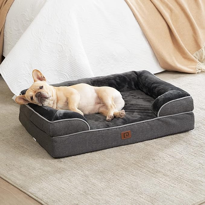 EHEYCIGA Orthopedic Dog Beds for Large Dogs, Waterproof Memory Foam Large Dog Bed with Sides, Non-Slip Bottom and Egg-Crate Foam Large Dog Couch Bed with Washable Removable Cover, Dark Grey