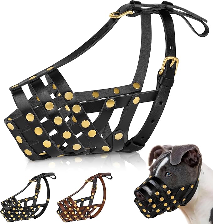 OOPSDOGGY Pitbull Dog Muzzle for Large Dogs - Leather Breathable Secure Basket Muzzle for Medium Large Breeds Prevents Biting No Chewing Amstaff Staffordshire Terrier (Black, Size 4 - Pitbull)