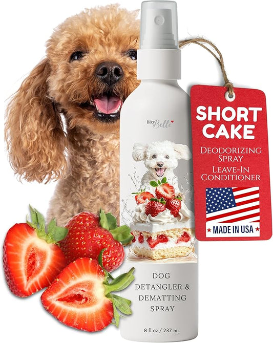 Dog Detangler Spray with Shortcake Fragrance - Natural Pet Nose Friendly Ingredients Used for Sensitive Skin - Dog Leave in Conditioner for Poodles - Made in USA - Pet Perfume Spray Long Lasting 8 oz