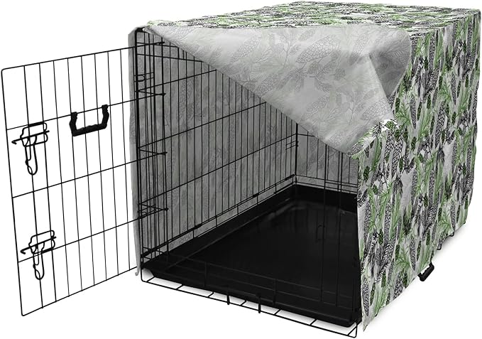 Lunarable Green Xmas Dog Crate Cover, Pine Cones and Holiday Theme Plants Fir Tree Motifs Print, Easy to Use Pet Kennel Cover for Small Dogs Puppies Kittens, 22 Inch, White Fern Green