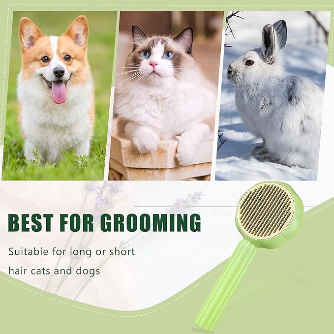 METREE Cat Hair Brush, Self Cleaning Pet Slicker Brush with Release Button, Grooming Brush for Shedding, Long or Short Haired Cats Dogs (Lime Green)