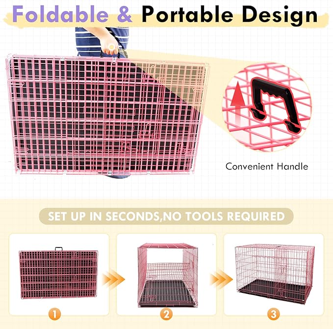PayLessHere Large Dog Crate Kennel for Medium Large Dogs 24 inches Metal Dog Cage Double-Door Folding Travel Indoor Outdoor Puppy Playpen with Divider and Handle Plastic Tray,Pink