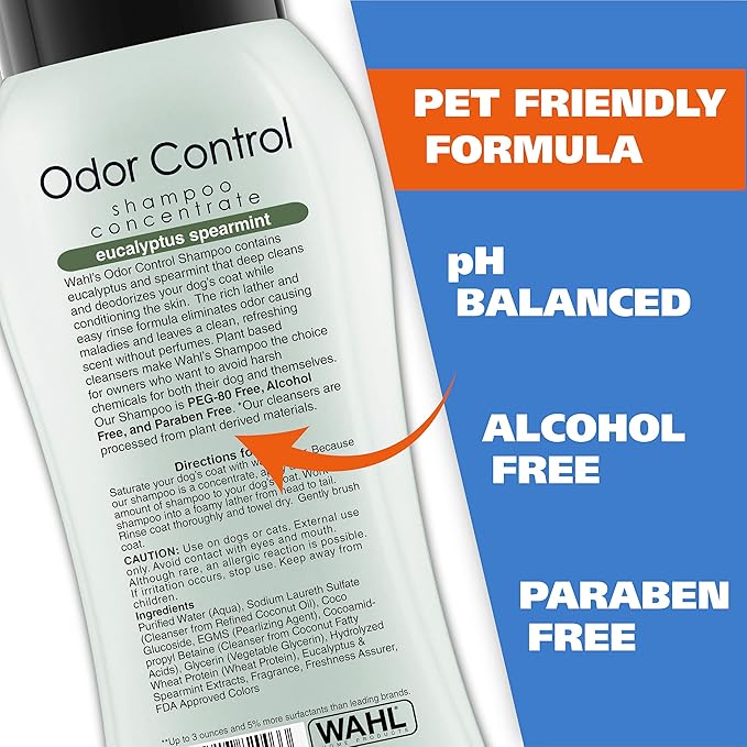 Wahl USA Odor Control Shampoo for Dogs & Pets - Eucalyptus & Spearmint Animal Deodorizer for Cleaning & Freshening – 24 Oz - Model 820003A