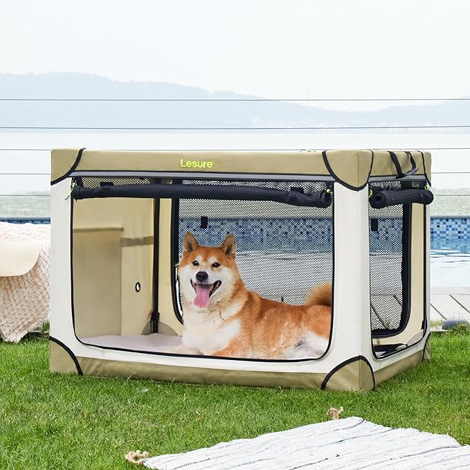 Lesure Soft Collapsible Dog Crate - 30 Inch Portable Travel Crate for Medium Dogs Indoor & Outdoor, 4-Door Foldable Pet Kennel with Durable Mesh Windows, Beige