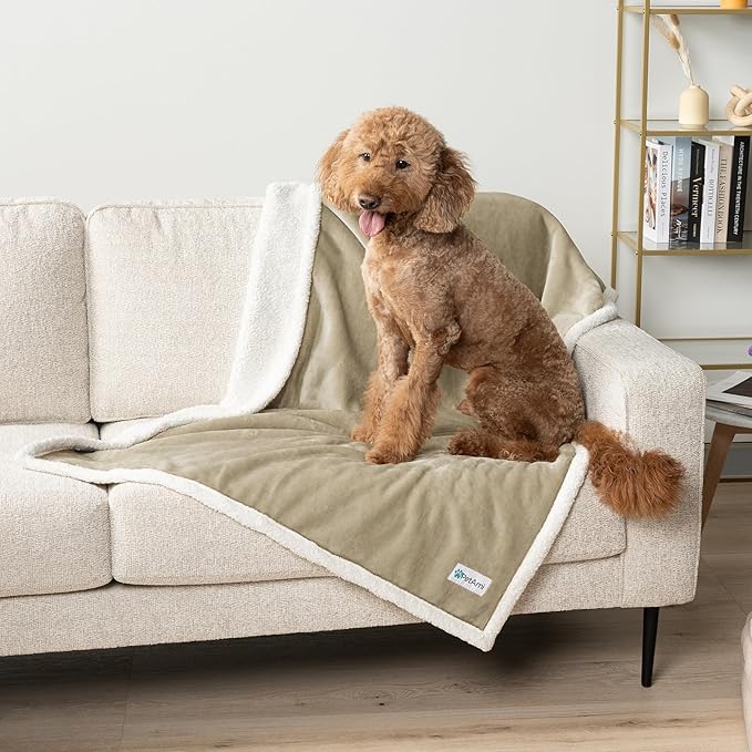 PetAmi WATERPROOF Dog Blanket For Bed, XL Dog Pet Blanket Couch Cover Protection, Sherpa Fleece Leakproof Bed Blanket Throw for Crate Kennel Sofa Furniture Protector, Reversible Soft Plush 80x60 Taupe
