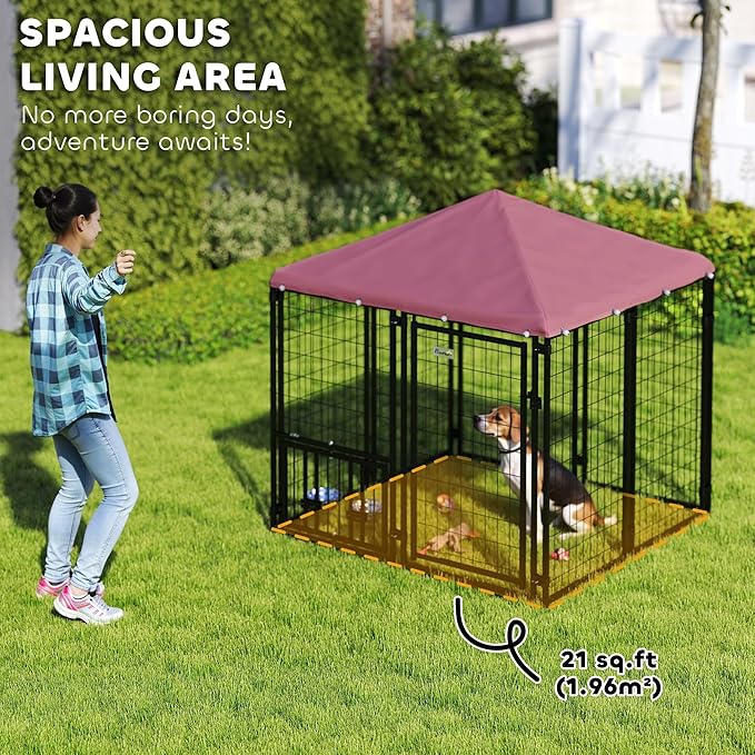PawHut 4.6' x 4.6' x 5' Outdoor Dog Kennel, Welded Wire Heavy Duty Dog Run with 360° Rotating & 4 Level Adjustable Bowls, Dog Kennel Outside with Waterproof & UV Resistant Cover, for S&M Dogs