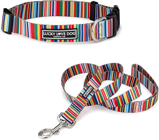 Lucky Love Dog Combo Set, Rainbow Dog Collar & Leash Set for Medium Dogs, Colorful Matching Collar and Leash Set for Girl or Boy Dogs, Hippie Combo, Medium