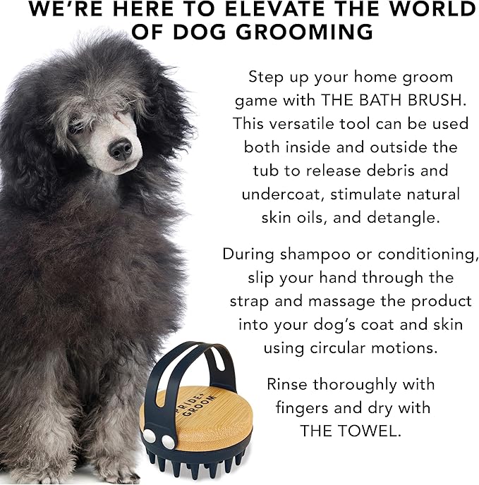 Pride and Groom Bath Brush – Dog Brush with Silicone Teeth & Bamboo Base to Release Debris & Undercoat, Stimulate Natural Skin Oils, Detangle, & Massage in and out of Tub for Healthy Coat