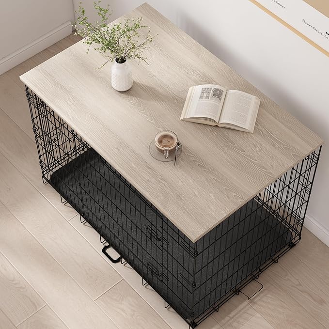 Piskyet Dog Crate Topper Wood Countertop for 48 42 36 30 24 inch Dog Cage, Dog Crate Cover,Dog Kennel Topper, 42" Grey(Crate Not Include)