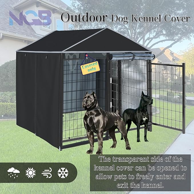 Kennel Cover,Full Coverage Kennel Cover Made of 600d Heavy Duty Waterproof Plus See-Through Clear Material, Outdoor Wind and UV Resistant, Coverage Only, Black Color.