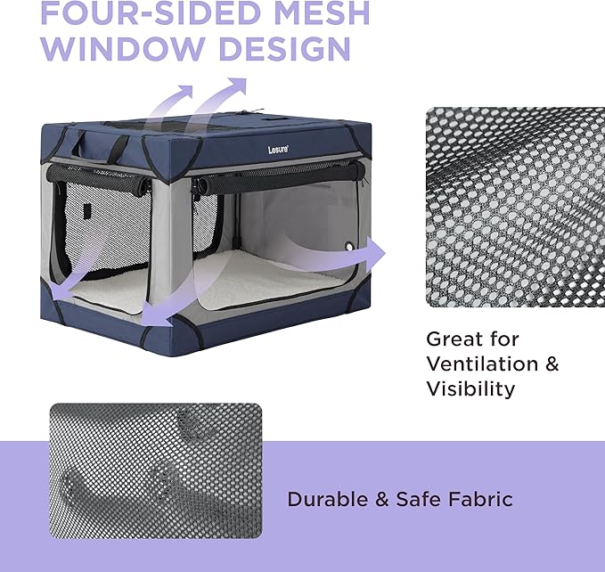Lesure Soft Collapsible Dog Crate - 36 Inch Portable Travel Crate for Large Dogs Indoor & Outdoor, 4-Door Foldable Pet Kennel with Durable Mesh Windows, Blue