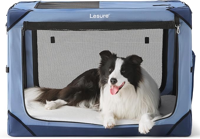 Lesure Collapsible Dog Crate - Portable Travel Kennel for Large Dog, 4-Door Pet Crate with Durable Mesh Windows, Indoor & Outdoor, Blue