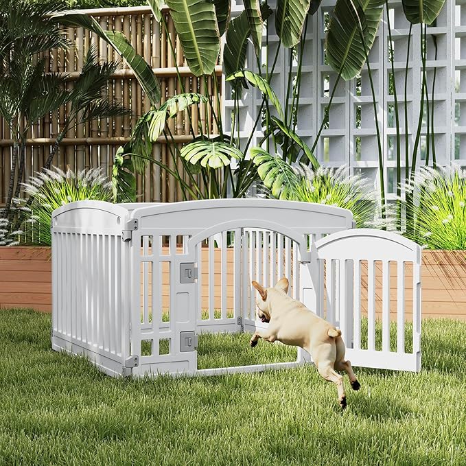 Plastic Dog Playpen | 4-Panel 24" Safe & Secure Indoor/Outdoor Pet Fence | Folding & Portable | Ideal for Small Dogs | Easy to Clean (White)