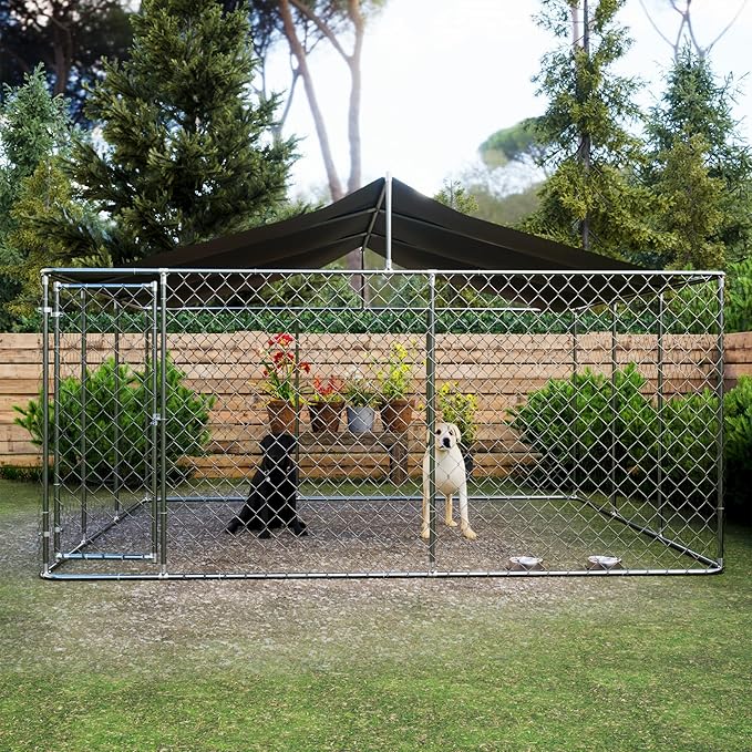 Large Outdoor Dog Cage with UV and Waterproof Cover,Metal Galvanized Rustproof Outdoor Puppy Fence,W/Security Door,Heavy Duty Kennel for Farm & Garden,Silver 13.1'Lx13.1'Wx5.8'H