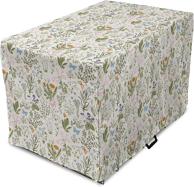 Ambesonne Floral Dog Crate Cover, Vintage Garden Plants Herbs Flowers Botanical Classic Design Art, Easy to Use Pet Kennel Cover for Small Dogs Puppies Kittens, 22 Inch, Pink Blue