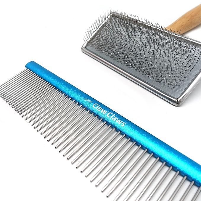 Groomer Bundle: Pet Comb with Oval Handle S Size + Small Pet Slicker Brush, Easy-to-use Grooming tool for Dog and Cat, Not Scratchy, Pull all the Loose Fur, 20% Fine Metal Teeth