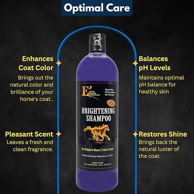 E3 Brightening Shampoo for Horses 32oz - Enhances Coat Color, Deep Cleansing, Moisturizes & Conditions, Gentle Formula, Vet Approved