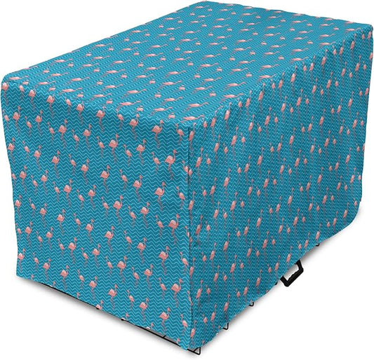 Lunarable Flamingo Dog Crate Cover, Tropical Romance Birds on Wavy Horizontal Stripes Hawaiian Love Doodle, Easy to Use Pet Kennel Cover for Medium Large Dogs, 36 Inch, Azure Blue and Coral