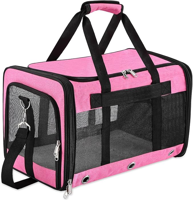 Soft Sided Cat/Dog Carrier,Collapsible Pets Travel Carriers for Pet/Puppy with Shoulder Strap & Removable Mat,Mesh Top Load Small Dogs/Cats Carry Bag Up to 25 Lbs(Pink,L)