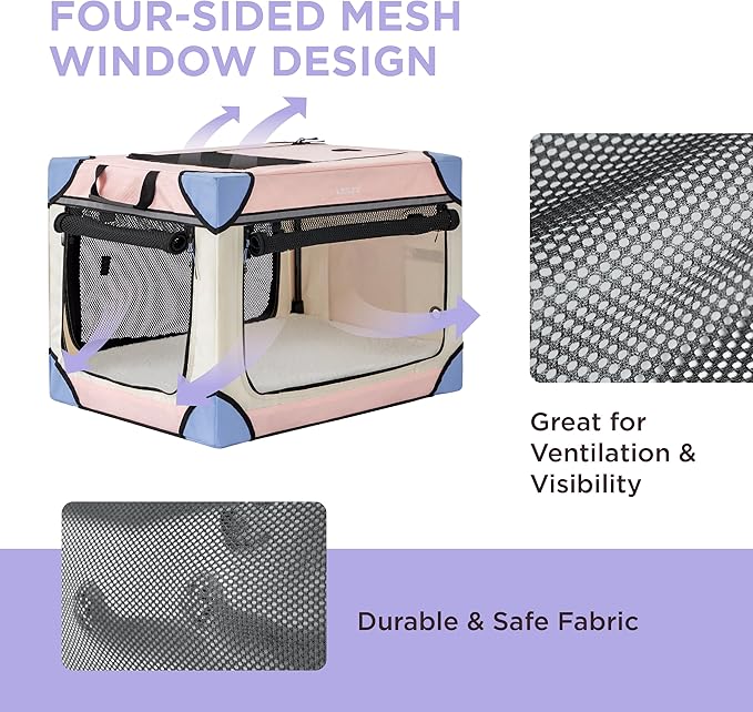 Lesure Soft Collapsible Dog Crate - 36 Inch Portable Travel Crate for Large Dogs Indoor & Outdoor, 4-Door Foldable Pet Kennel with Durable Mesh Windows, Pink