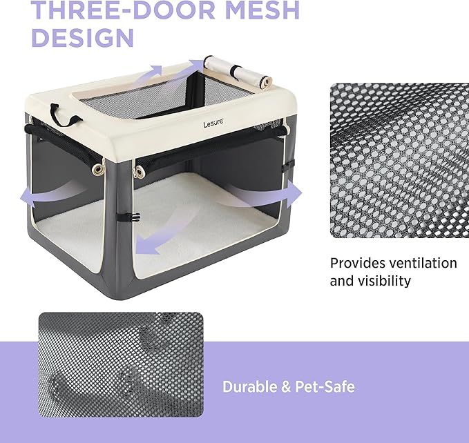 Lesure Collapsible Travel Dog Crate for Small Dogs, Portable Soft Dog Crate for Outdoor & Indoor, Folding Fabric Dog Kennel with Handle, 36 Inch Heavy Duty Pet Carrier (Grey)