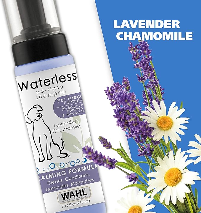 Wahl USA Pet Friendly Waterless No Rinse Shampoo for Animals – Lavender & Chamomile for Cleaning, Conditioning, Detangling, & Moisturizing Dogs & Cats – 7.1 Oz - Model 820014A