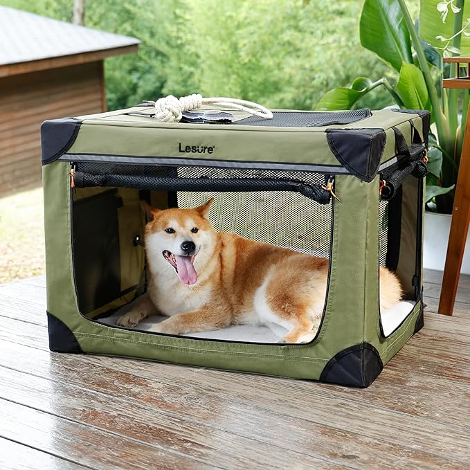 Lesure Soft Collapsible Dog Crate - 30 Inch Portable Travel Crate for Medium Dogs Indoor & Outdoor, 4-Door Foldable Pet Kennel with Durable Mesh Windows, Green