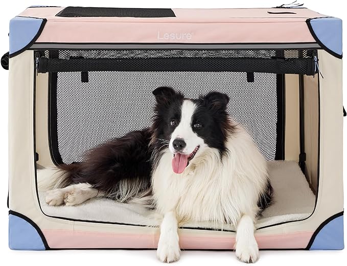 Lesure Soft Collapsible Dog Crate - 36 Inch Portable Travel Crate for Large Dogs Indoor & Outdoor, 4-Door Foldable Pet Kennel with Durable Mesh Windows, Pink