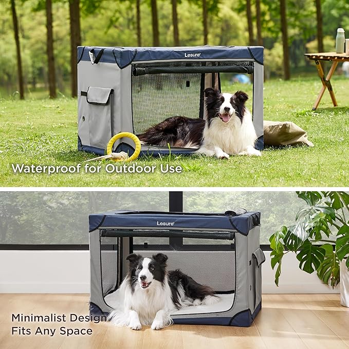 Lesure Soft Collapsible Dog Crate - 36 Inch Portable Travel Crate for Large Dogs Indoor & Outdoor, 4-Door Foldable Pet Kennel with Durable Mesh Windows, Blue