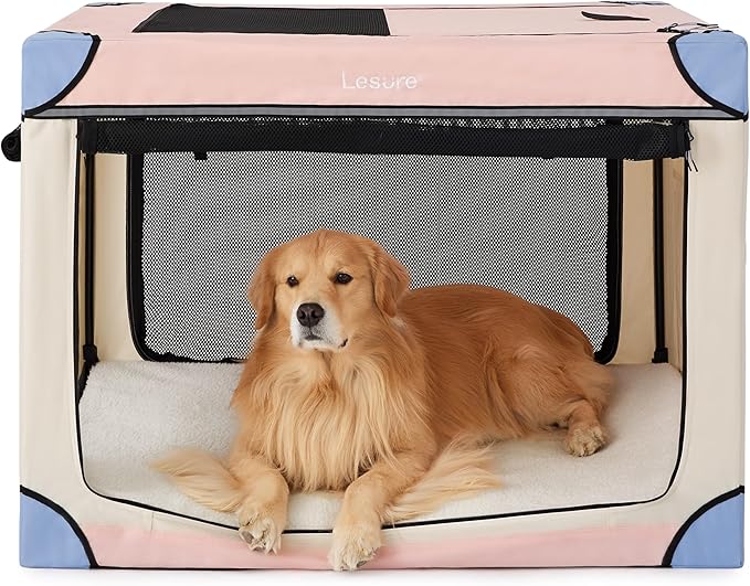 Lesure Soft Collapsible Dog Crate - 42 Inch Portable Travel Crate for Extra Large Dogs Indoor & Outdoor, 4-Door Foldable Pet Kennel with Durable Mesh Windows, Pink