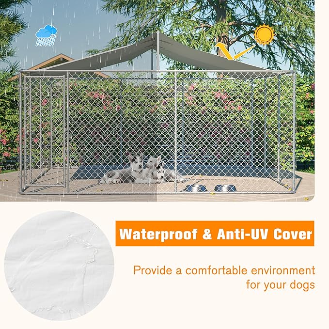Large Outdoor Dog Kennel, Heavy Duty Galvanized Steel Dog Enclosure, Chicken Coop w/ Waterproof UV-Resistant Cover, Lockable Door Chain Link for Small & Large Pets, Backyard-157.2"L x 157.2"W x 91.2"H