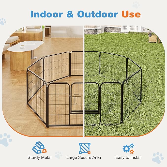 Sweetcrispy Dog Playpen Indoor - Pet Fence Puppy Exercise Pen for Yard Gate 8 Panel 24” Height Heavy Duty Crates with Doors Metal Dog Pen for Camping, RV, Outdoor, Small/Medium Pets