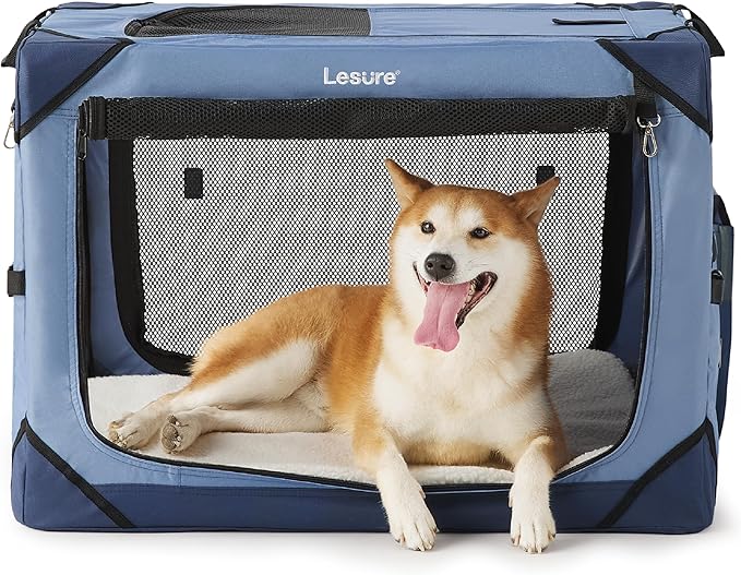 Lesure Collapsible Dog Crate - Portable Travel Kennel for Medium Dog, 4-Door Pet Crate with Durable Mesh Windows, Indoor & Outdoor, Blue