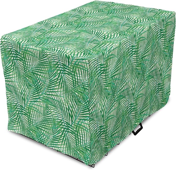 Lunarable Fern Pattern Dog Crate Cover, Background Illustration Covered with Palm Tree Leaves Art Print, Easy to Use Pet Kennel Cover for Small Dogs Puppies Kittens, 18 Inch, White and Fern Green