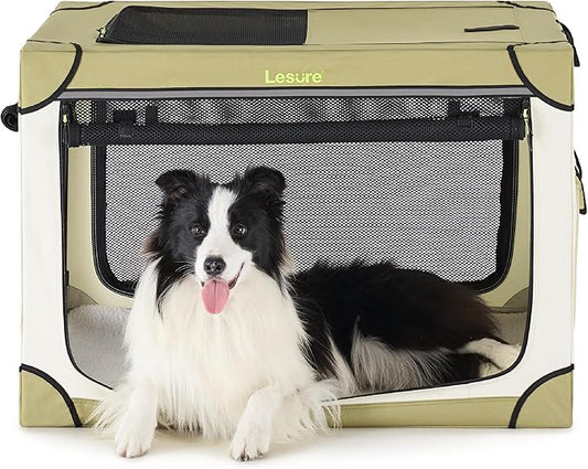 Lesure Soft Collapsible Dog Crate - 36 Inch Portable Travel Crate for Large Dogs Indoor & Outdoor, 4-Door Foldable Pet Kennel with Durable Mesh Windows, Beige