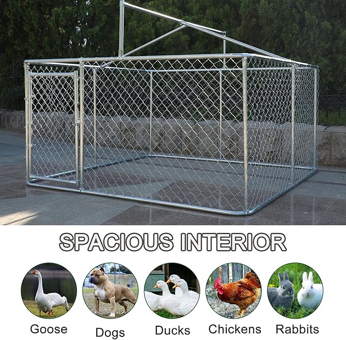 Large Outdoor Dog Cage with UV and Waterproof Cover,Metal Galvanized Rustproof Outdoor Puppy Fence,W/Security Door,Heavy Duty Kennel for Farm & Garden,Silver 9.8'Lx9.8'Wx4.4'H