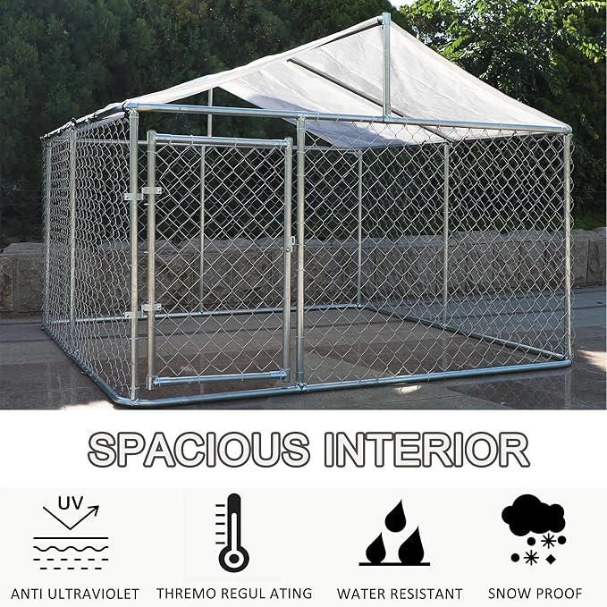 Large Outdoor Dog Cage with UV and Waterproof Cover,Metal Galvanized Rustproof Outdoor Puppy Fence,W/Security Door,Heavy Duty Kennel for Farm & Garden,Silver 9.8'Lx9.8'Wx4.4'H