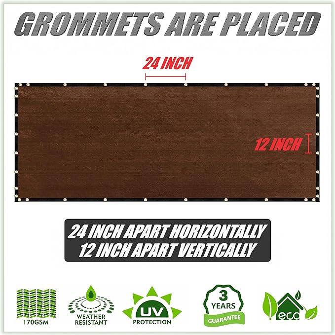 ColourTree 5' x 12' Brown Custom Size Shade Cloth with Grommets - 90% Sunblock, Durable Mesh Fabric Tarp for Dog Kennel Cover, Fence Privacy Screen, Greenhouse, Chicken Coop & Pet Playpen