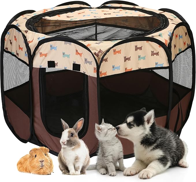 Sea Team Foldable Pet Playpen - Portable, Soft Pop-Up Design for Dogs, Cats and Kittens - Breathable Mesh Fabric Cage - Lightweight and Indoor/Outdoor Use