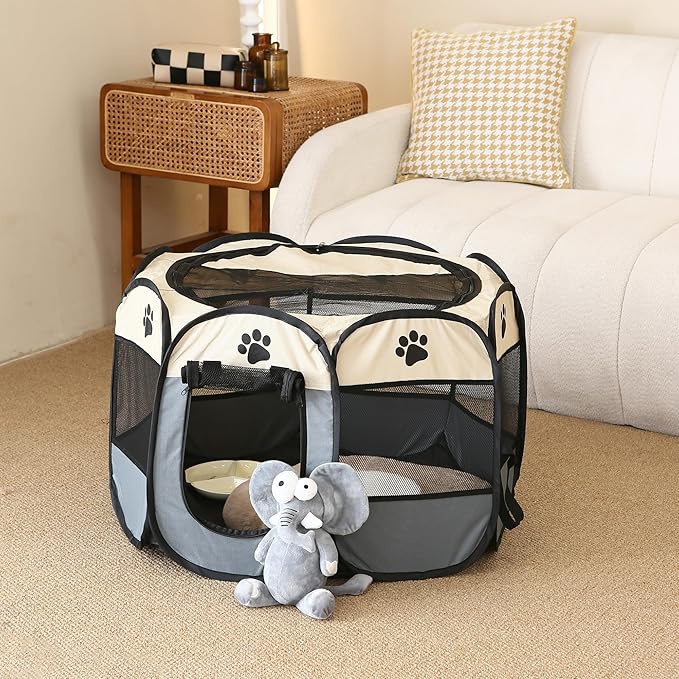 Sea Team Foldable Pet Playpen - Portable, Soft Pop-Up Design for Dogs, Cats and Kittens - Breathable Mesh Fabric Cage - Lightweight and Indoor/Outdoor Use