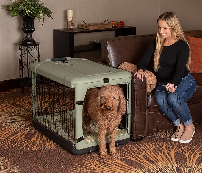 Pet Gear “The Other Door” 4 Door Steel Crate for Dogs/Cats with Garage-Style Door, Includes Plush Bed + Travel Bag, No Tools Required, Willow