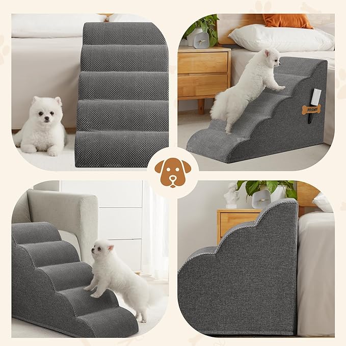 Romrol Dog Stairs Ramp for Small Dogs, Pet Stairs Steps with Durable Non-Slip Waterproof Fabric Cover, Dog Slope Stairs to Bed for Small Dogs and Cats or Pets Joints, 5-Steps, Grey